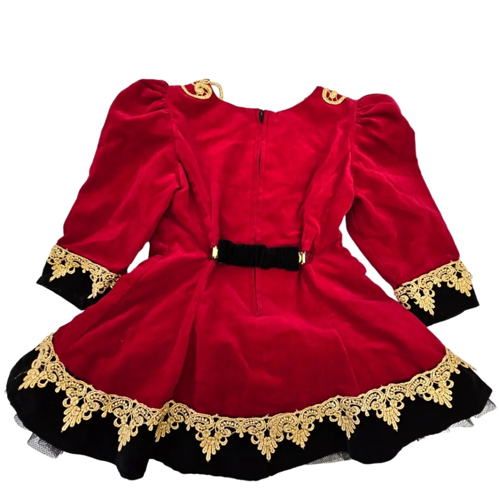 Hollywood Babe Toddler Girls Red Velvet/Gold  Embroidered Lace Longsleeve Dress